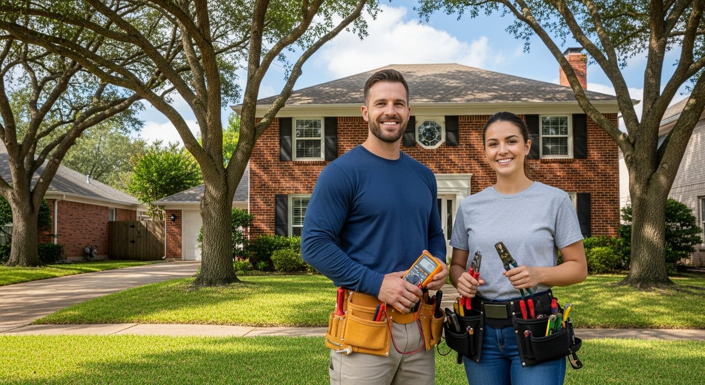 About Newtech Electrical - Two friendly electricians standing outside a residential property in Garforth