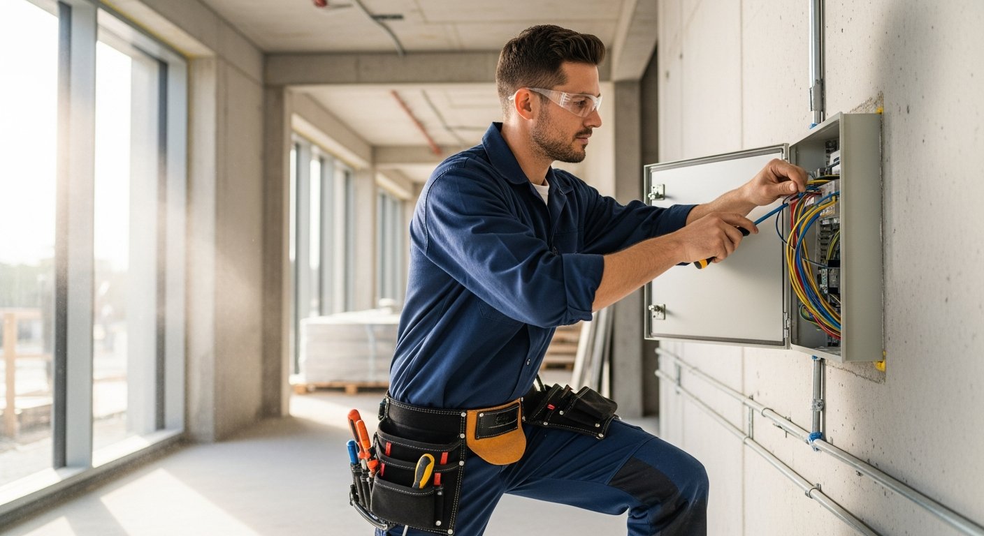 Professional electrician installing a modern consumer unit in a contemporary kitchen