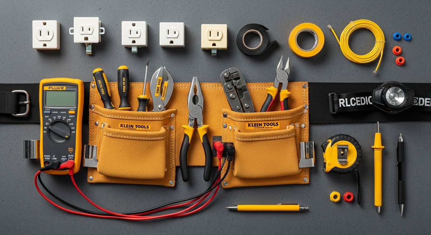 Electrician's organised toolkit laid out neatly showing multimeter, wire strippers, and NICEIC certificate